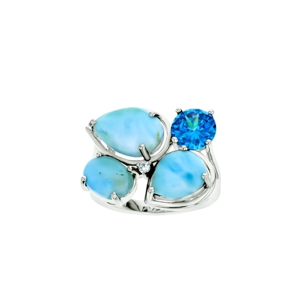 925 Sterling  Silver Larimar Teardrop, Oval, and Round 7mm Aqua CZ Ring  6.41 gm